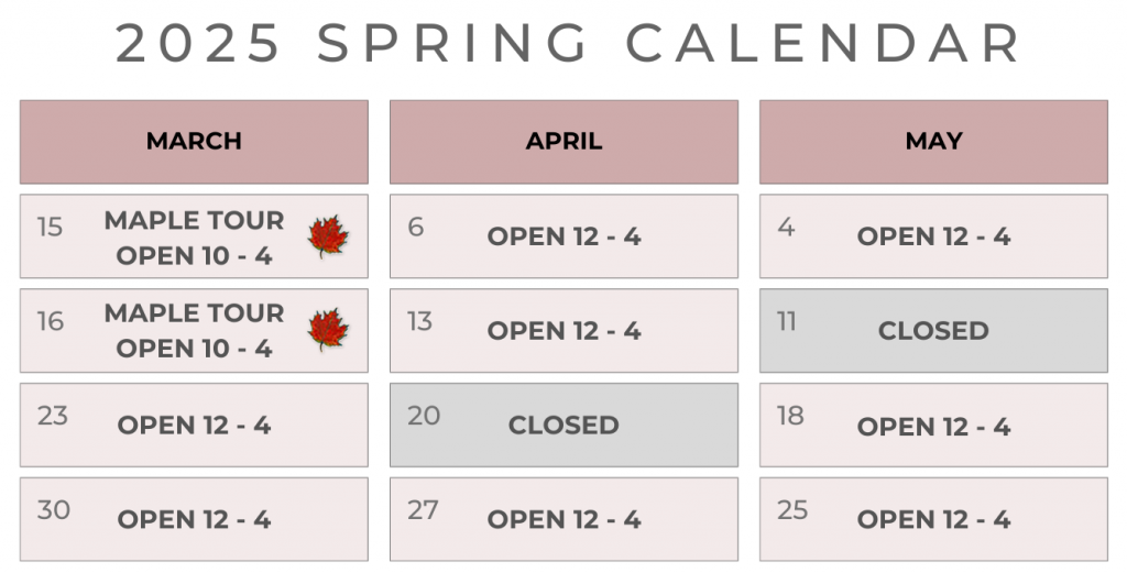 Spring 2025 Opening Hours: Noon – 4 pm on Sundays from March 23 - May 25, except Easter (April 20) and Mother's Day (May 11).